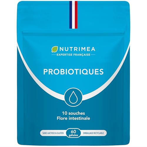 PROBIOTIQUE FLORE INTESTINALE – Avec Prébiotiques – Equilibre de la Flore Intestinale – 10 Souches – 10 Milliards d’UFC par Gélule – 60 Gélules Vegan – Fabriqué en France – Nutrimea