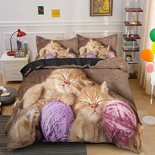 CHCHNXY Bettwäsche 200x200,Braune Katze 3 Teilig Weich und Atmungsaktiv Bettwäsche-Set,für Jugendliche Erwachsene 1 Bettbezüge mit Reißverschluss und 2 Kissenbezug 80x80cm