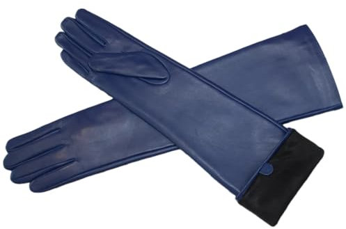 Lange Damen-Handschuhe aus Schaffell, einfarbig, warmes Fleecefutter, Lederhandschuhe, marineblau, 7