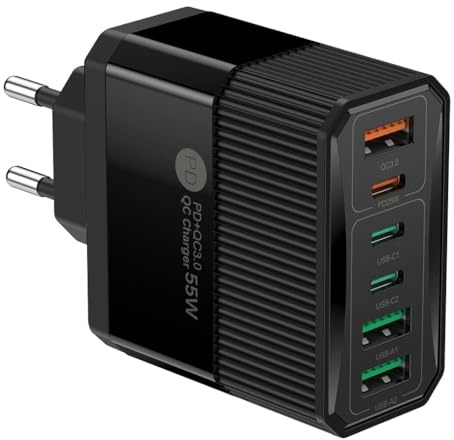 6-i-1 USB C snabbladdare 55W multiport väggladdare med 3 USB-C & 3 USB-A portar, PD QC3.0 laddningsstation för iPhones 15 14 13 Pro Max, Galaxy S24 S23 S22 Ultra, Pixel, Xiaomi, surfplatta, resa