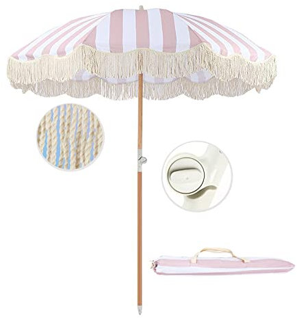 Luxury Pink Striped Beach Parasol with Fringed Garden Umbrella 2M Retro Style UV Resistant Polyester Surface Ideal for Seaside Courtyard and Pool Shade
