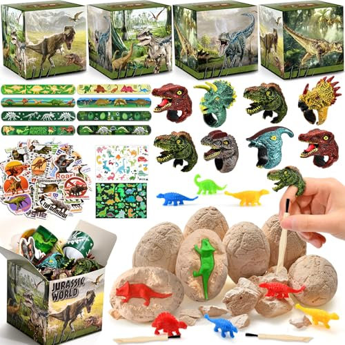 Tacobear Dino Party Mitgebsel Kindergeburtstag 6 7 8 9 10 Jahre Gastgeschenke mit Dinosaurier Ei Ausgrabungsset Ringe Armband Geschenktüten Stickers Give Aways Dino Pinata Füllung Jungen Mitbringsel