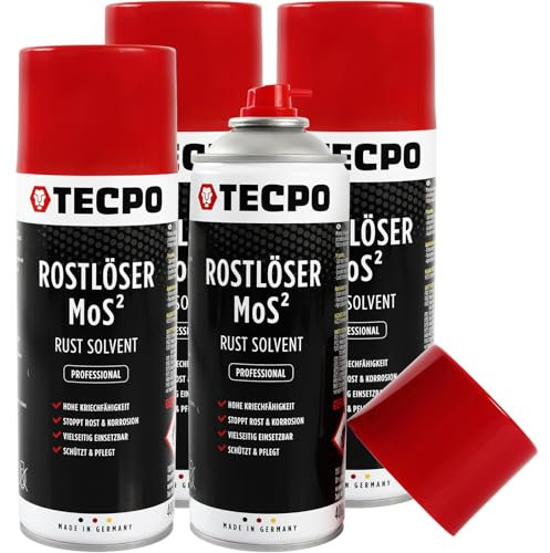 TECPO Lot de 4 produits anti-rouille MoS² - 400 ml - Lubrifiant - Convertisseur de rouille - Spray multifonction avec protection contre la corrosion et capacité de fluage pour les joints oxydés et