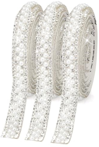 3 Rollen Selbstklebendes Strassband Mit Perlen,Glitzersteine Selbstklebend,Perlen Zum Aufkleben,Glitzerband Zum Aufnähen–Glitzer Kristall Band 1Cm Breite Für Diy Hochzeitsdeko,Geburtstagsparty Basteln