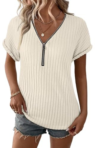 Gemulate Womens Short Sleeve Zipper V Neck Sweater Knit Tunic Tops Casual Striped Shirt Loose Pullover Sweater Beige L