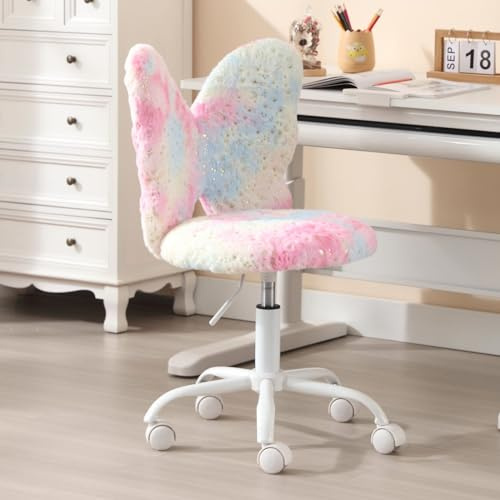 Ya-Home Enfant Fauteuil Pivotante de Bureau Chaise Bureau Fille Papillon, Chaise Enfant Bureau Fille en Fausse Fourrure avec roulettes, Rose