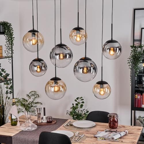 HOFSTEIN Hängeleuchte Gastor, 8-flammige Hängelampe aus Metall/Glas in Schwarz/Bernstein/Rauch/Klar, Pendelleuchte im Retro/Vintage-Design (Schirme Ø 20; 25 cm), E27, Esszimmer, Küche, Wohnzimmer