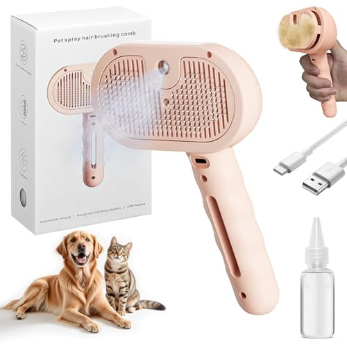 3 in 1 Pet Grooming Brush with Steam and Spray - Hair Removal Comb for Dogs and Cats with Water Tank and Mist Release Stainless Steel Teeth and Ergonomic Handle for Shedding and Grooming(Pink)