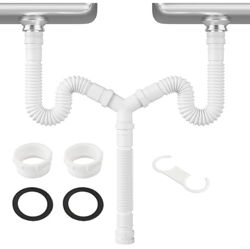 HOHOVYVY Fregadero de cocina Syphon, ajustable de 20 cm a 80 cm, juego de desagüe doble flexible G1-1/2 y G1-1/4