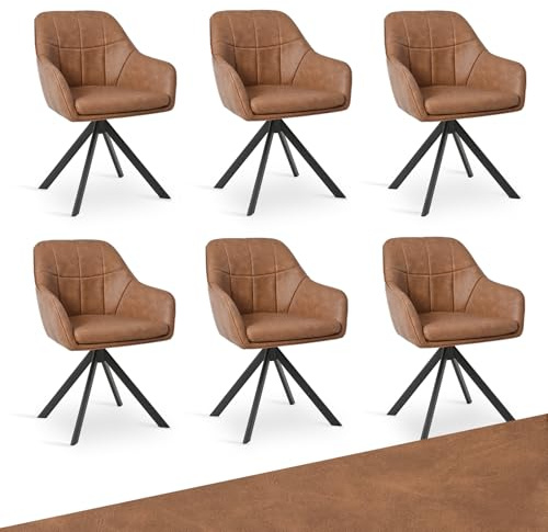 Goeurvant Drehstuhl Esszimmer Kunstleder Braun 6er Set Armlehnenstuhl Polsterstuhl Esszimmerstühle drehbar Küchenstuhl mit Armlehne und Rückenlehne für Wohnzimmer Esszimmer