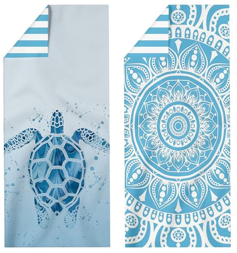 ECZOIL Strandtuch Microfaser Badetuch Groß 2 Set 180×80 cm Strandtücher XXL Sandfestes Design, geeignet für Männer und Frauen, Urlaub, Schwimmen und Camping Strand-Blaues Mandala und Schildkröte