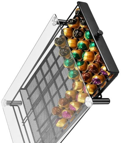 XINGLIDA Cassetto Stoccaggio dei Baccelli caffè con Vassoio in Vetro Trasparente Risparmio 60 Baccelli con Telaio Metallico