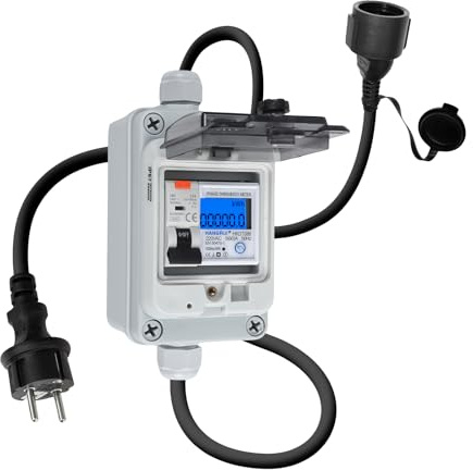 Compteur Électrique Numérique Mobile 230V 60A, avec Disjoncteur Type A fi ls 16A Prise Schuko Étanche Ip65, Appareil de Mesure KWH Extérieur Mobile pour Camping-cars et Véhicules Électriques