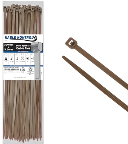 Kable Kontrol Braune Kabelbinder, 300 mm x 3,6 mm, 100 Stück, 12 Zoll Premium Nylon Kabelbinder, Mehrzweck-Kunststoffbinderwickel, sicherer Selbstverriegelungsmechanismus, für Haus, Garten, Büro und