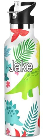 Botella de agua personalizada para niños con pajilla, a prueba de fugas, botella de agua aislada para niños, 20 onzas, sin BPA, hojas tropicales de dinosaurios