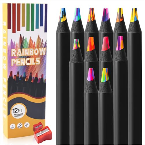 Qzakce Matite Arcobaleno per Adulti 12 Pezzi Jumbo Matite Colorate Nere In Legno Matite da Disegno Per Disegno Artistico, Schizzi, Disegni