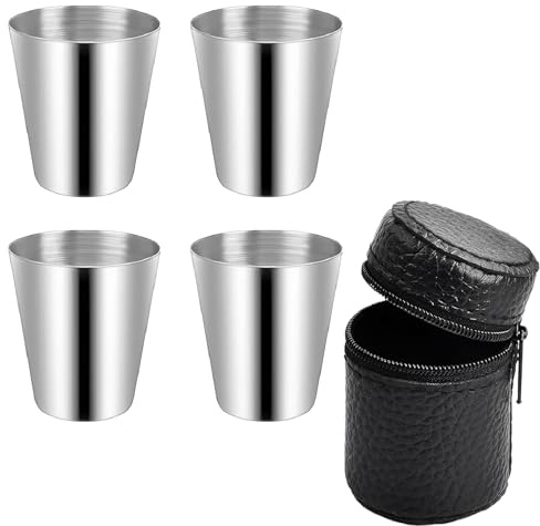 AONAYO 4 Stück Schnapsbecher Edelstahl,EdelstahlSchnapsbecher,30ml Edelstahl Becher,Stapelbare SchnapsbecherMit 1 Leder-Tasche,Tragbar Metallbecher,Camping Becher,Für Camping,Wandern,Picknick
