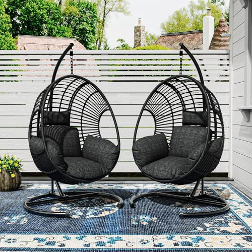 LUTINLIX Oversized Hanging Egg Chair Set of 2 Outdoor Indoor, Wicker Swing Egg Chair with Stand 400lbs Capacity for Bedroom, Patio, Garden and Balcony