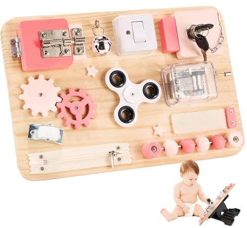 Potatomato Rosa Montessori Busy Board, Sensorikspielzeug aus Holz Kinder | 12 interaktive Elemente, leuchtende Farben, robustes Holzspielzeug für Feinmotorik, unterwegs und ruhiges Spielen für Kinder