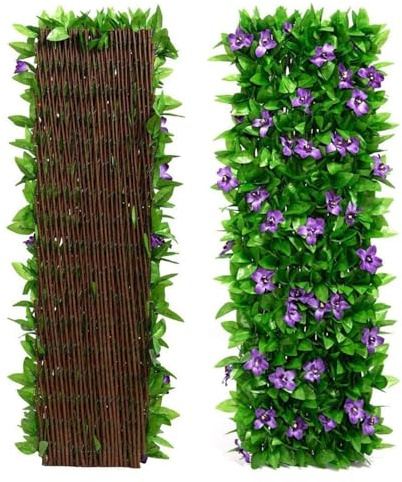 jardin clôture artificielle Écran De Clôture De Lierre Artificiel Avec Des Fleurs Violettes, Panneau De Treillis Décoratif De Jardin Extensible, Haie Artificielle 70 * 200 Cm