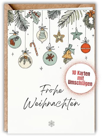 HIDEBLOOM Weihnachtskarten mit Umschlag Set Ornamente - 10 Stück - DIN A6 (10,5 cm x 14,8 cm) - Weihnachtskarten Set - Klappkarte mit Umschlägen Ornamente