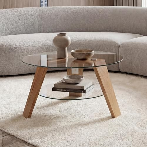 MCA Couchtisch HWC-P59 Massiv-Holz Glas rund Ø 75cm Eiche