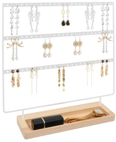 Solkraes 3 Tier Schmuckständer Ohrringhalter, 75 Löcher Ohrring Ständer, Ohrringe Ohrstecker Aufbewahrung mit Holztablett, Schmuckhalter Aufbewahrung für Ohrhänger Ringe Halsketten Armbänder (Weiß)