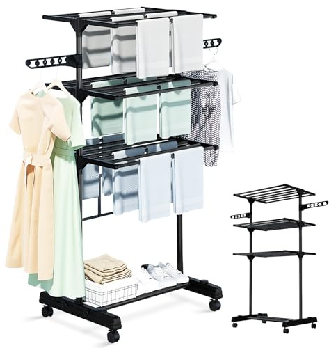 4-Tier Clothes Drying Rack, Durable Drying Rack, Wheeled Clothes Dryer | Heavy-Duty Foldable Garment Airer, Suitable for Indoor, Outdoor, Balcony, Garden, Bedroom （Black）
