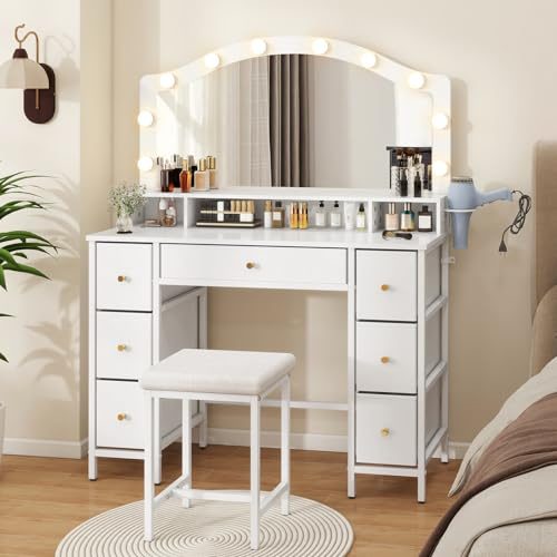 YOURLITE Dressing Table with Mirror and Stool, Vanity Desk with 3 Light Colours, 10 LED Bulbs, Adjustable Brightness, Makeup Table with 7 Fabric Drawers, Hair Dryer Rack for Bedroom, White