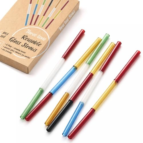 GET FRESH Reusable Colorful Glass Straws Set - 6pcs Borosilicate Shatter-Resistant Multicolour 3-Tone Glass Straws for Cocktails & Drinks