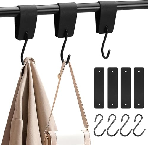 PIANKEKE 11 PcsGanchos en Forma de S, Ganchos para Colgar Ropa, Gancho en S con Lazo de Cuero, Ganchos en S de Cuero para Colgar Perchero Barras Armario Cocina Baño Jardín Oficina Camping(negros)