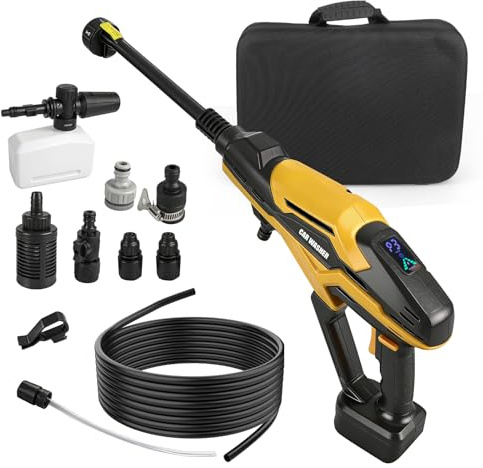 Batteridriven högtryckstvätt för Dewalt 18/20 V, förbättrad bärbar 68 bar högtryckstvätt med 3 justerbara steg, 6-i-1 spraymunstycke för bil, golvbevattning (gul, för Dewalt)