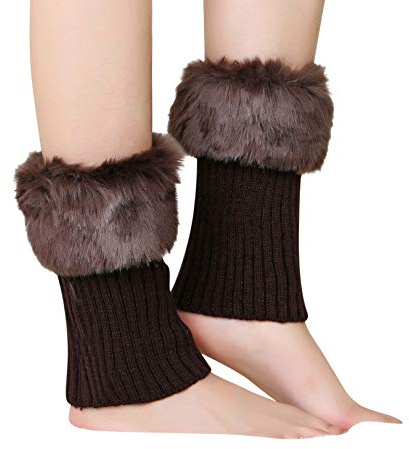 QCHOMEE Women Girls Faux Fur Boot Cuff Socks Winter Knitted Short Leg Warmers Boots Socks Stretchy Comfortable Fashion Christmas Birthday Gift (Brown)