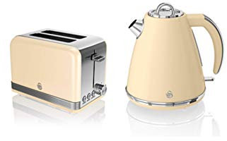 Swan, STP7040CN, Retro 1.5L Jug Kettle & 2 Slice Toaster, Stainless Steel Body, 3kw, Slide Out Crumb Tray, Auto-Centering (Cream)