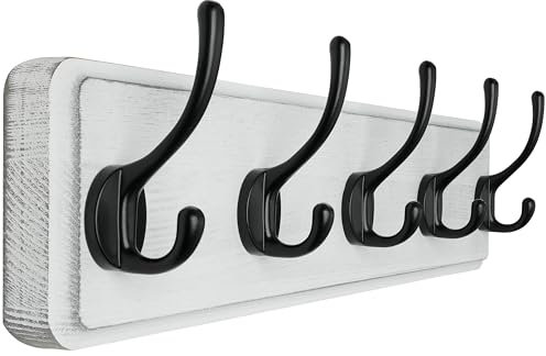 SKOLOO Garderobenleiste Holz Weiß, 44 cm langer, hölzerner Kleiderhaken Wand, Rustikaler Stil, Stabil garderobenhaken mit 5 Haken