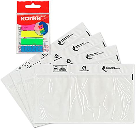 WPTrading - 250 x Lieferscheintaschen 230 x 110 mm in DIN-LANG Transparent inkl. 125 Page-Marker in 5 Farben - Dokumenten-Taschen selbstklebend, blanko - Begleitpapiertaschen für Versand
