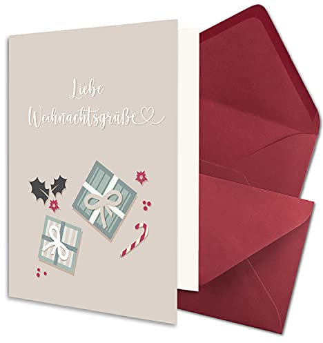 100x nachhaltiges Weihnachtskarten-Set DIN A6 in Altrosa mit Mistelzweig und Geschenken - Faltkarten mit Umschlägen DIN C6 Dunkelrot (Rot) mit Nassklebung - Weihnachtsgrüße für Firmen und Privat