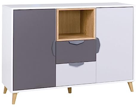 Kommode Nawiro NR08 mit 2 Türen, 2 Schubladen und Fächer, Schrank für Jugendzimmer, Schubladenkommode, Highboard, Sideboard, Kinder Kommode (Weiß/Graphit + Grau + Eiche Lefkas)