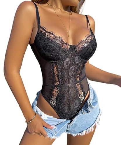 Rongseng Body Mujer Sexy Bodysuit de Encaje Floral Malla Transparente Tirantes Bodies sin Mangas Elegante Jumpsuit Backless Mono leotards Ropa Interior Moda Blusa Top para Fiesta