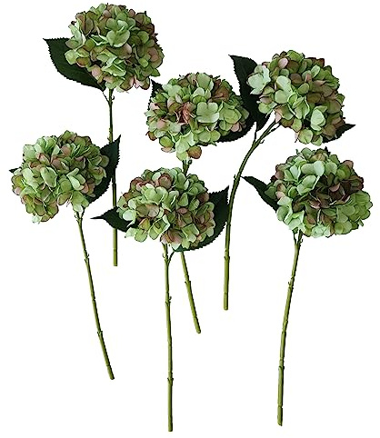 Flores artificiales de hortensia verde, 6 flores de hortensia verde sintética, flores de hortensias artificiales verdes con tallos, flores de hortensias verdes falsas, flores de seda de hortensia
