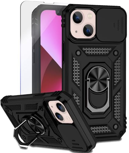 Teayoha for iPhone 13 Phone Case,with Screen Protectors, Military Grade Shockproof Cover with Magnetic Rotatable Ring Kickstand Protective Case for iPhone 13 6.1-inch,Black
