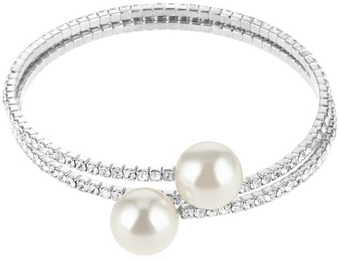 Telooco Bracelet de Tennis Réglable pour Femme - Strass, Paillettes, Perles des Années 1920 - Extensible, Ouvert - Bracelet de Mariée pour Femmes et Filles (Argent)