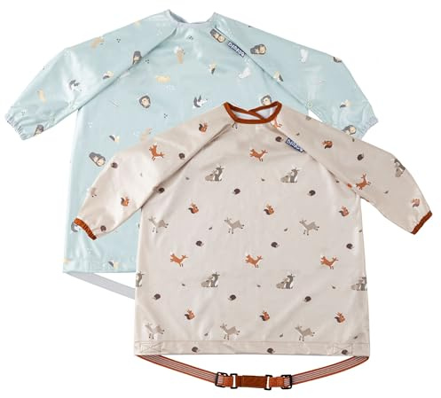 BIBaDO - Baberos de manga larga para bebé - Bebés y niños pequeños de 6 a 36 meses - Babero de destete para bebé con cubrepañales - Fácil de limpiar y de tela suave - Se adjunta a tronas y mesas