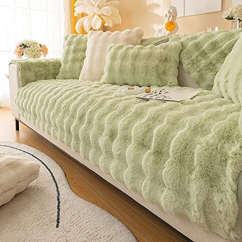 Funda de cojín de felpa de piel de conejo de lujo, suave, antideslizante, protector de sofá seccional, peludo, esponjoso, cojín decorativo para sala de estar, color verde (90 x 90 cm)