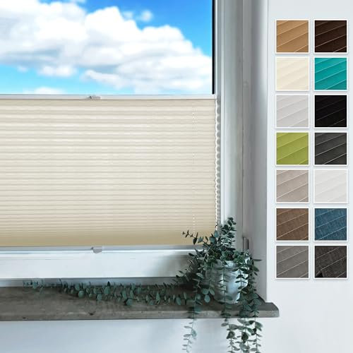 Rollmayer Plissee mit Bohren, Plisseerollo Faltrollo Sichtschutz und Sonnenschutz für Fenster und Tür (Binco Creme,B115cm x H80cm)