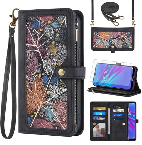 Asuwish Handyhülle für Huawei Y6 2019/Y6s/Honor 8A Hülle mit Band Folie Schutzfolie Kartenfach Klappbar Leder Geldbörse Ständer Hawaii 6Y Pro 2019 JAT-L41 MRD-LX1 Handy Schutzhülle Phone Case Schwarz