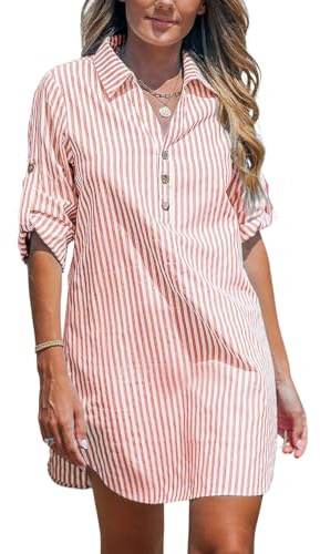 NLAND Vestito Casual da Donna a Camicia Lunga Dress Miniabito a Righe con Scollo a V Estivi Moda,Rosa XL