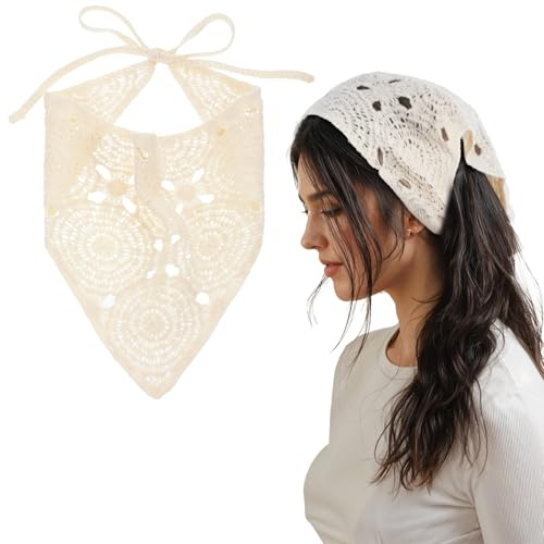 Mabor Boho Bandana Häkel Kopftuch Damen Baumwoll Gehäkeltes Kopftücher Elastisches Stirnband mit Bänd Dreieckstuch Damen für Frauen Mädchen(Aprikose