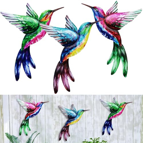 Norhogo 3 PCS Hanging Large Metal Hummingbird Ornaments Outdoor | wall art for garden, fence art for garden, Colorful Bird Wall Ornaments for Outside Garden Shed Fences Yard Decorations Wall