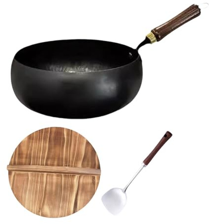 Padella Wok, Pentole Ferro, Padella Non Rivestita, Padella Universale per Induzione, Padella a Gas con Manico in Legno, Padella per Saltare, Pa, 28 Cm